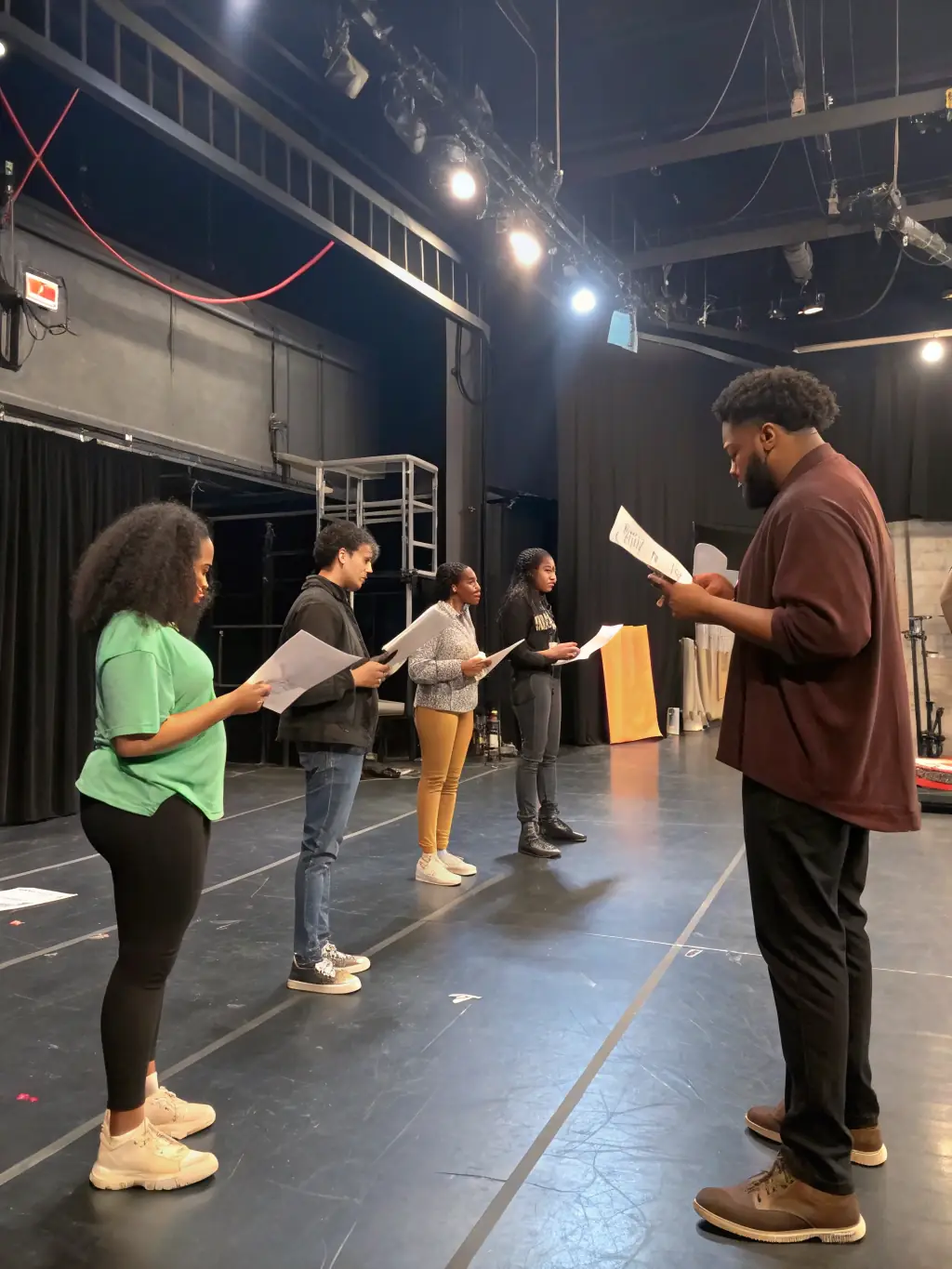A dynamic image of a community theater group rehearsing a play at ASS POUR MAISON DE LA CULTURE, emphasizing collaboration and artistic expression.