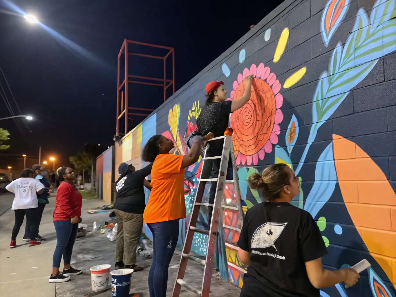 A heartwarming image of community members collaborating on a mural project, painting vibrant colors and designs on a large outdoor wall, fostering a sense of unity and pride.