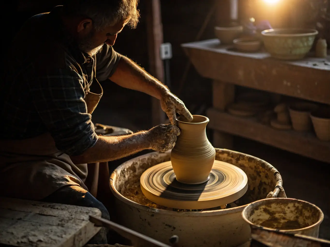 A vibrant image showing participants actively engaged in a pottery workshop, with clay-covered hands and focused expressions, set in a bright and airy studio environment.