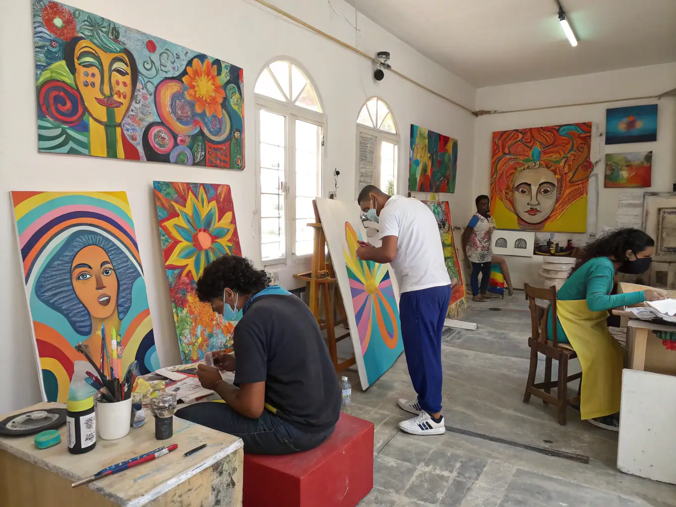 A vibrant art workshop in progress, with participants of various ages engaged in painting and sculpting, showcasing the organization's commitment to fostering creativity and artistic expression within the community.