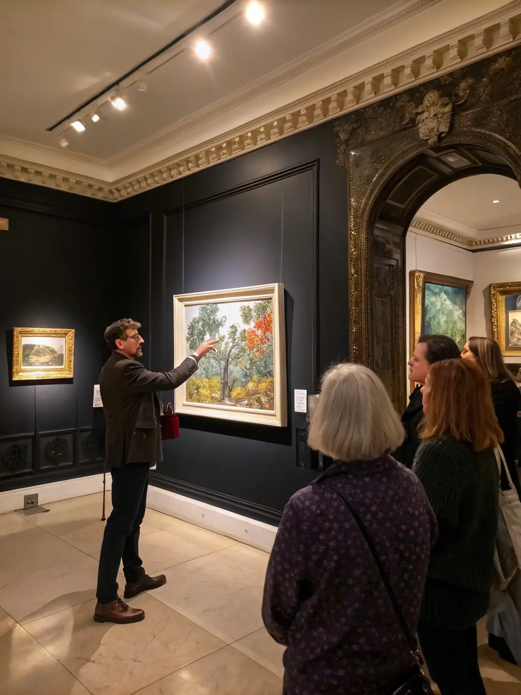 A photograph of a local artist showcasing their artwork at an exhibition, with visitors admiring and discussing the pieces in a gallery setting.
