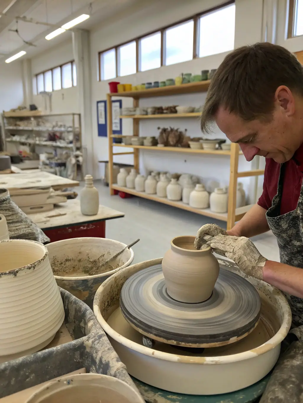 A photograph of a pottery class, with participants shaping clay on pottery wheels, guided by an experienced instructor in a well-equipped studio.
