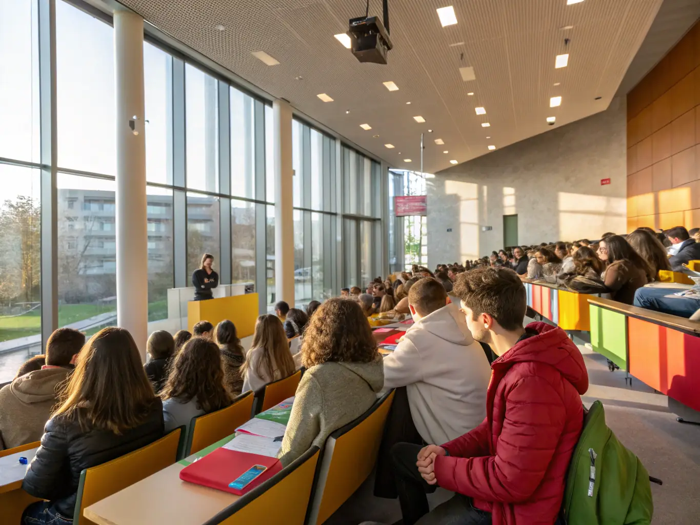 A photograph capturing a diverse group of people attending a lecture on art history, with engaged expressions and notebooks in hand, in a modern lecture hall.